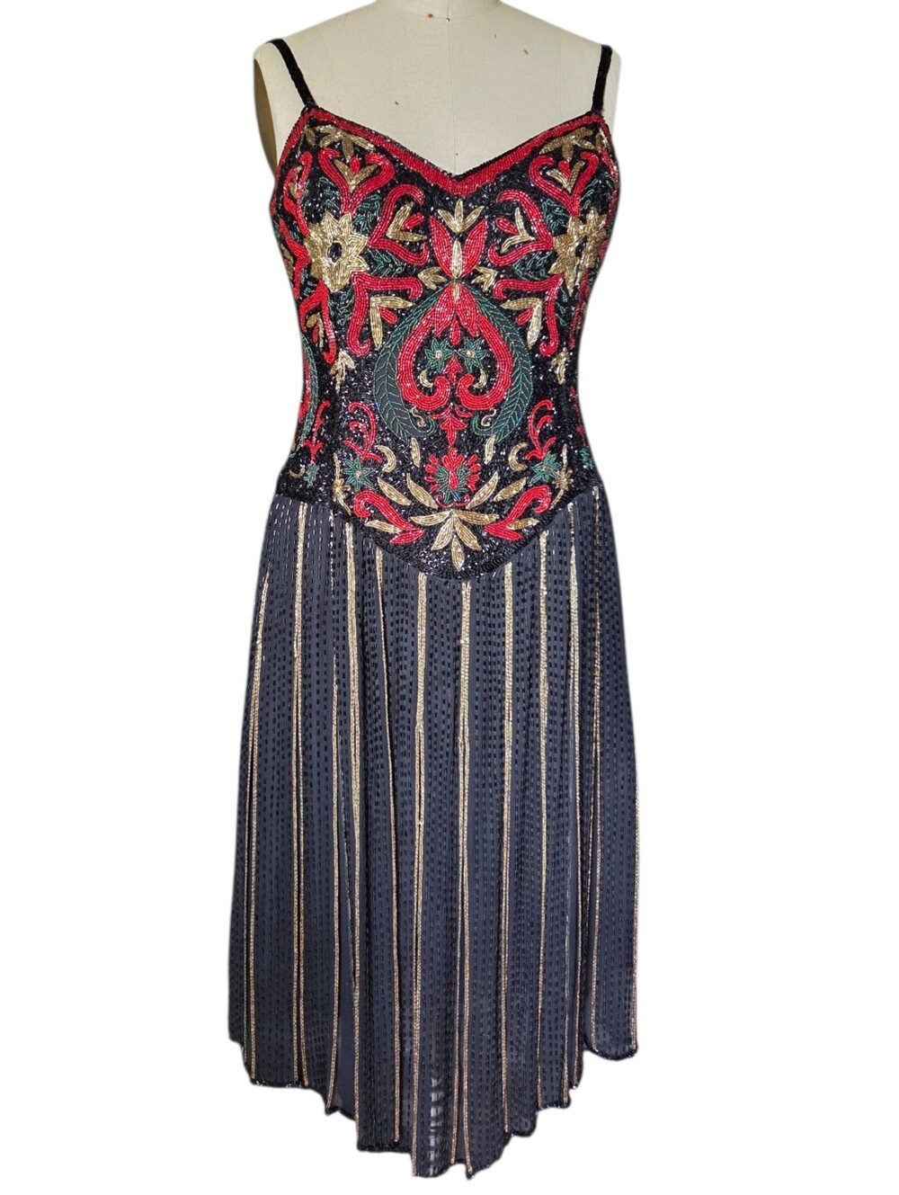 Vintage 1980's Beaded Silk Dress Medium 8 10
